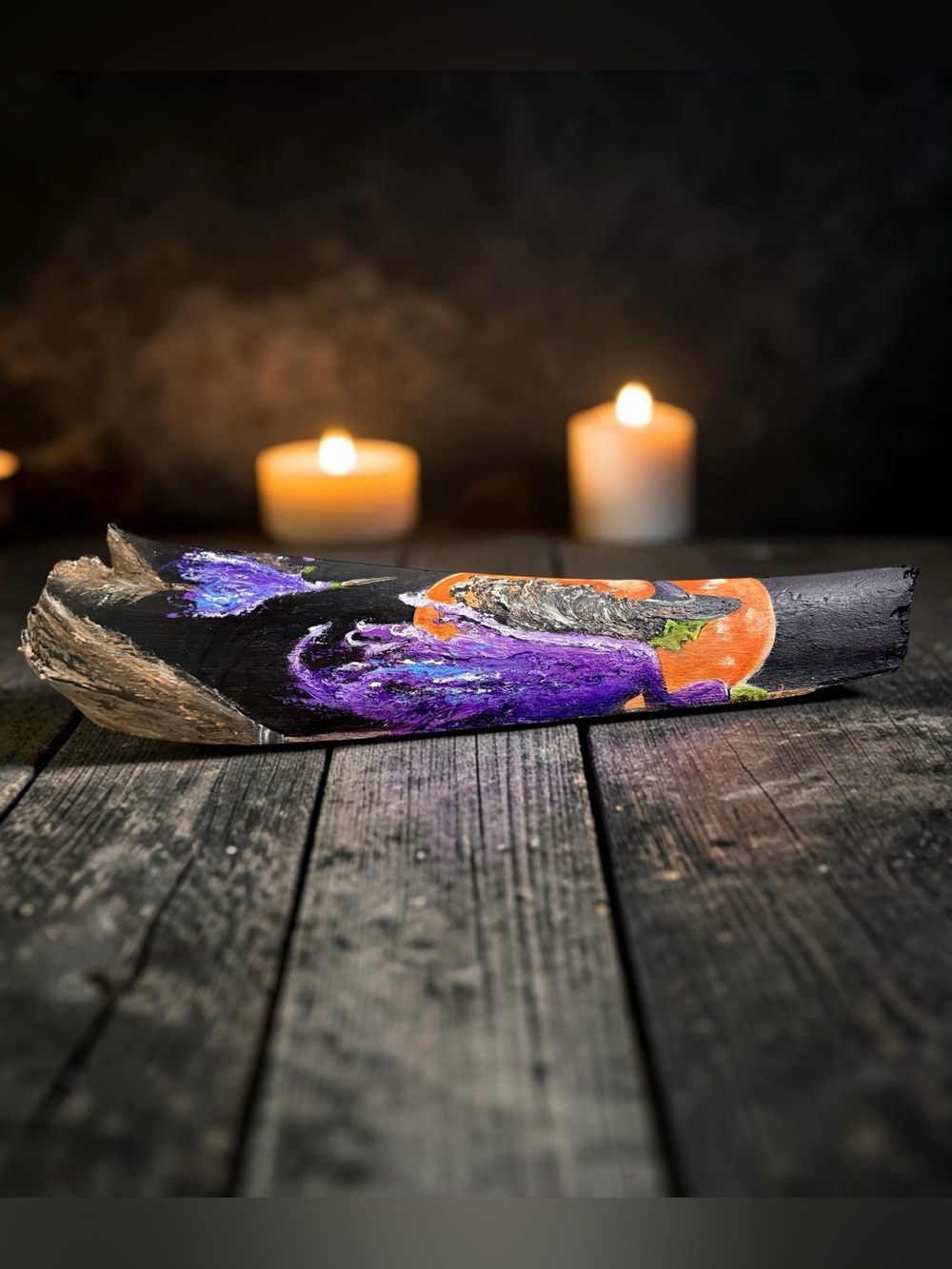 Hand Painted Flying Witches Palm Frond Art